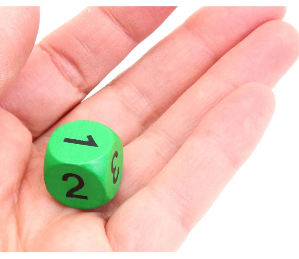 Dé à jouer bois chiffres 1 2 3 1 2 3 vert en 16 mm