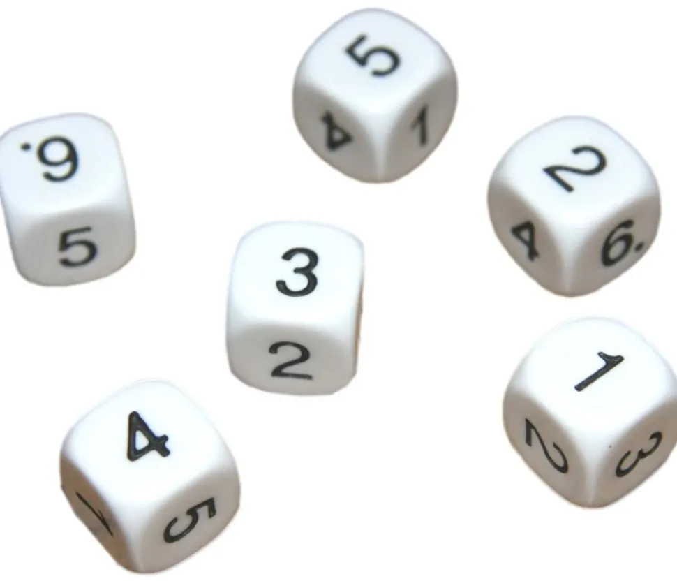 Dé à jouer chiffres 123456 16 mm de côté BLANC