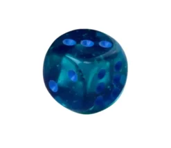 Dé à jouer translucide bleu-vert points bleus 16 mm