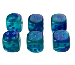 Dé à jouer translucide bleu-vert points bleus 16 mm