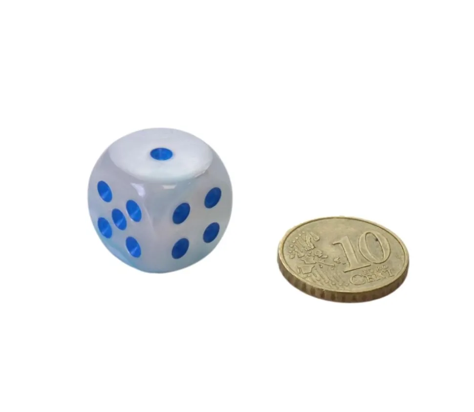 Dé 16 mm effet mixé bleu et blanc points bleus