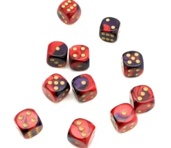 Dé 16 mm effet mixé rouge violet points dorés