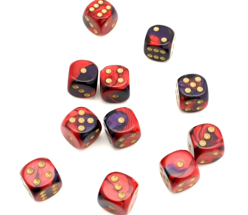 Dé 16 mm effet mixé rouge violet points dorés