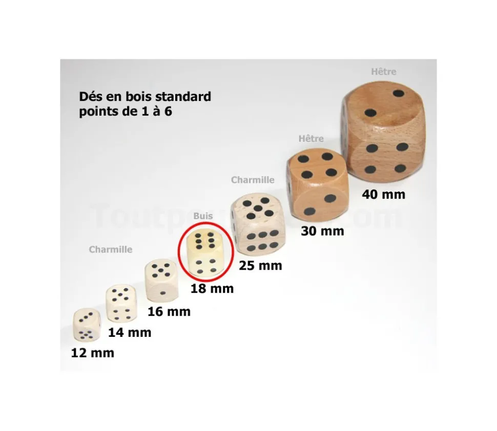 Dé bois 18 mm en buis de 1 à 6 pour jeu de société - France