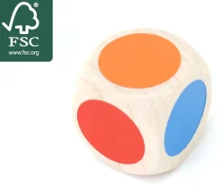Dé bois 6 points couleurs 20 mm rouge, vert, jaune, bleu, violet, orange