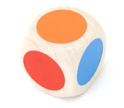 Dé bois 6 points couleurs 20 mm rouge, vert, jaune, bleu, violet, orange