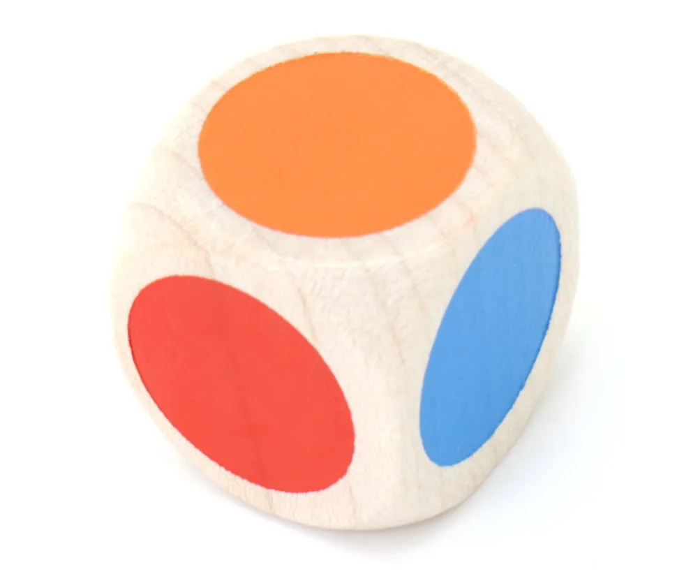 Dé bois 6 points couleurs 20 mm rouge, vert, jaune, bleu, violet, orange