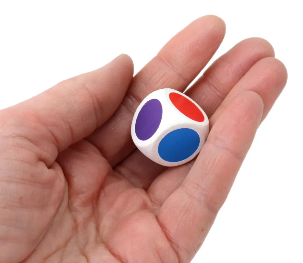 Dé bois 6 points couleurs 20 mm rouge, vert, jaune, bleu, violet, orange