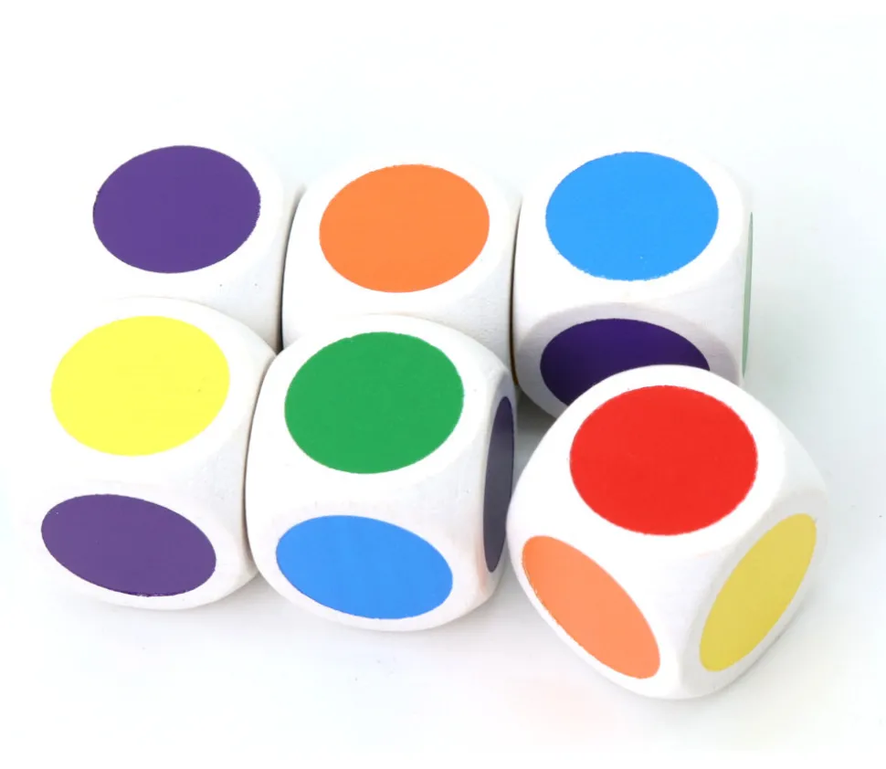 Dé bois 6 points couleurs 20 mm rouge, vert, jaune, bleu, violet, orange