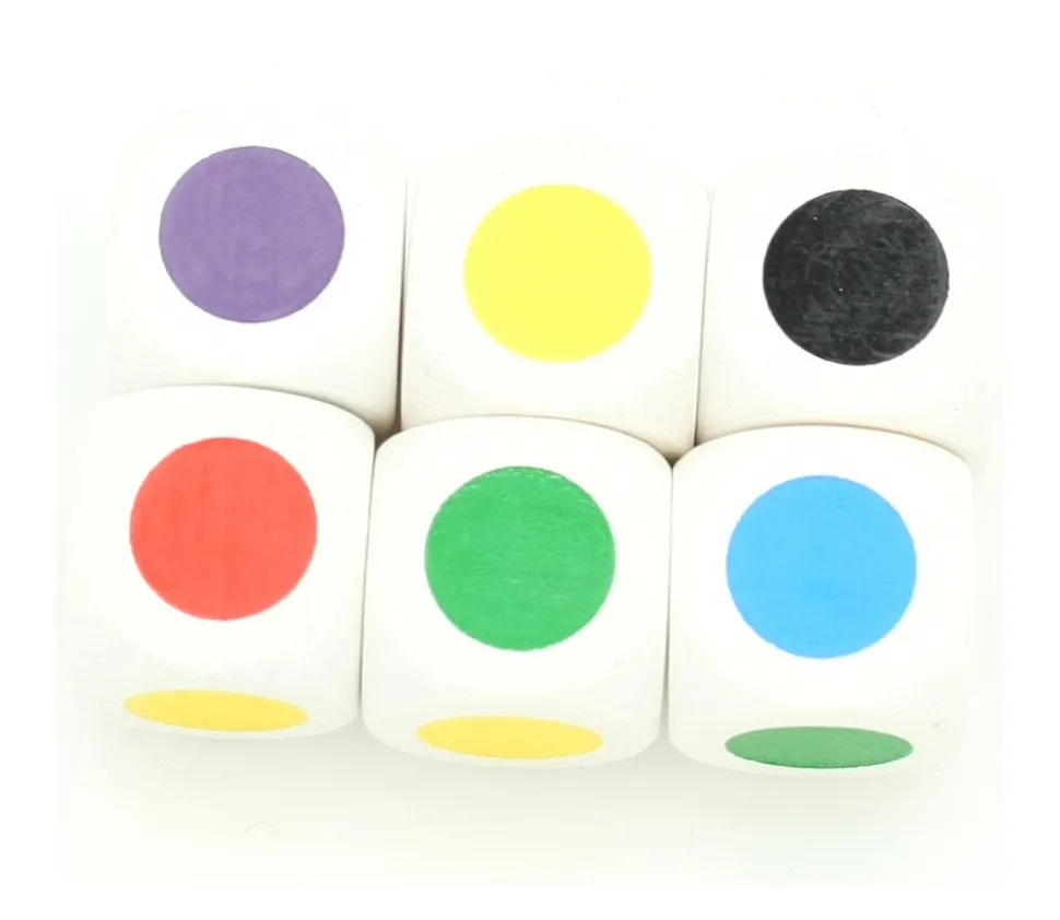 Dé bois 6 points couleurs 16 mm rouge, vert, jaune, bleu, violet et noir.