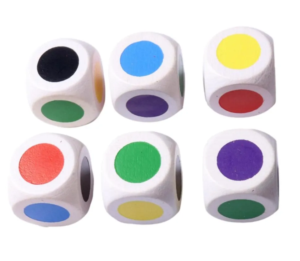 Dé bois 6 points couleurs 16 mm rouge, vert, jaune, bleu, violet et noir.