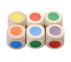 Dé bois 6 points couleurs 18 mm rouge, vert, jaune, bleu, violet et orange