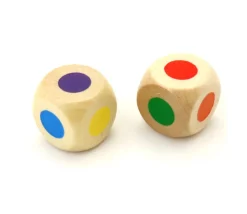 Dé bois 6 points couleurs 16 mm rouge, vert, jaune, bleu, violet et orange