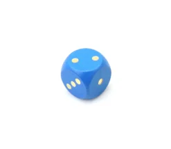 Dé bois bleu 16 mm points dorés de 1 à 6 pour jeu de société