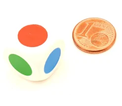 Dé bois faces 3 couleurs 16 mm rouge, vert, bleu, rouge, vert, bleu