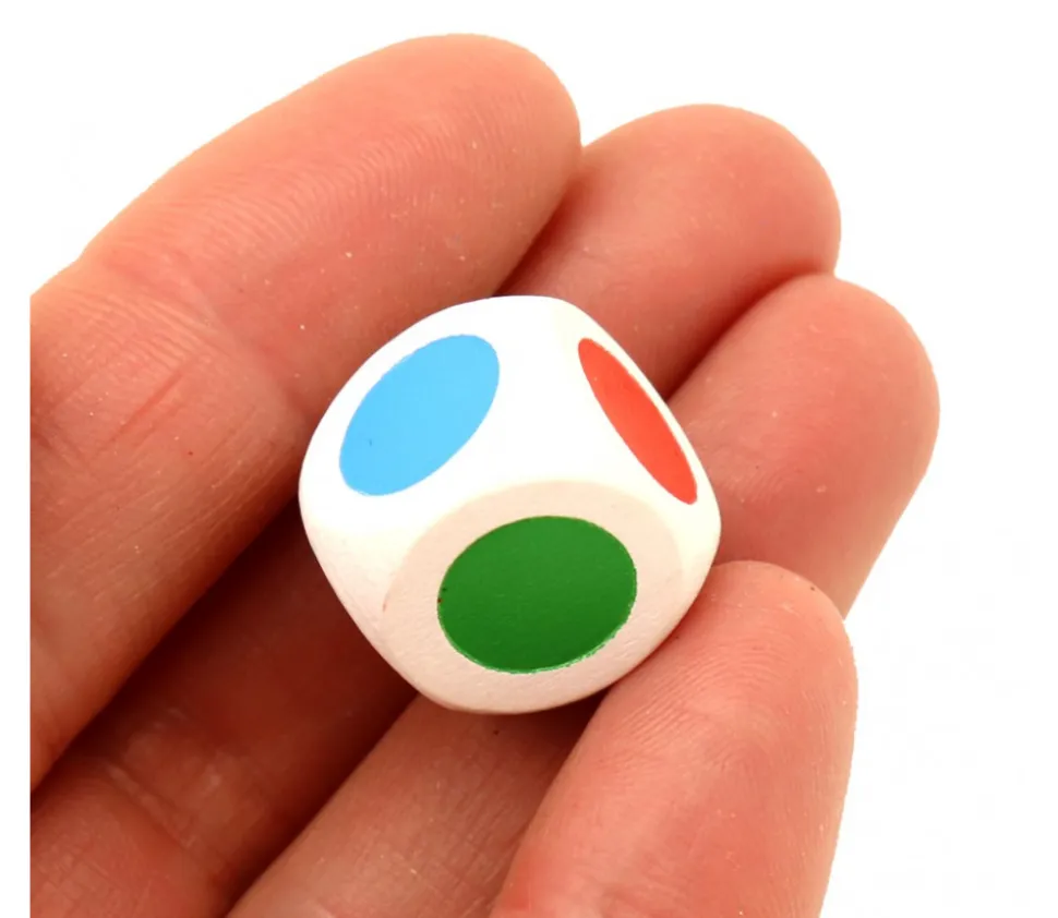 Dé bois faces 3 couleurs 16 mm rouge, vert, bleu, rouge, vert, bleu