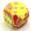Dé design jaune rouge peps effet artistique 15 mm points argentés