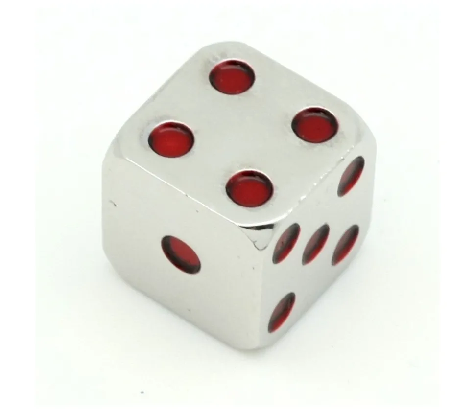 Dé en métal lourd argenté points rouge 15 mm