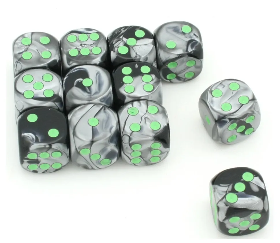Dé mix argent/noir 16 mm points verts