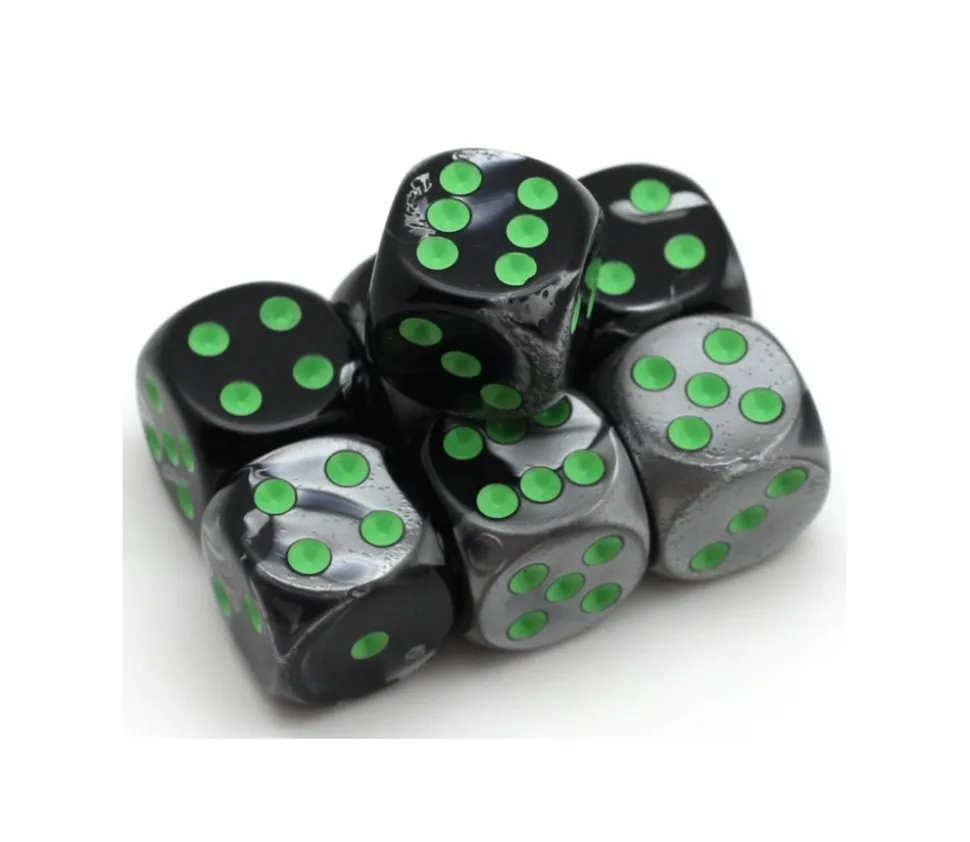 Dé mix argent/noir 16 mm points verts