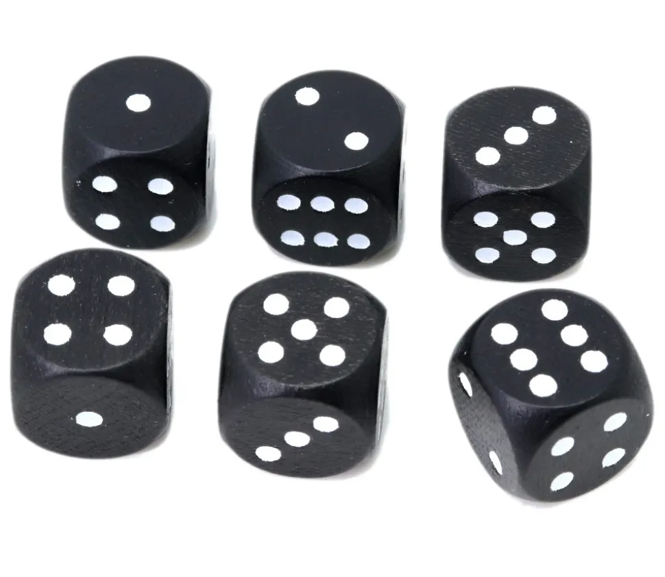 Dé noir en bois 16 mm de 1 à 6 pour jeu de société