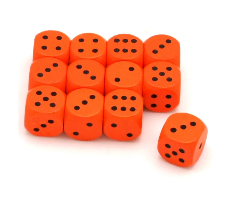 Dé orange points noirs en bois 16 mm de 1 à 6 pour jeu de société