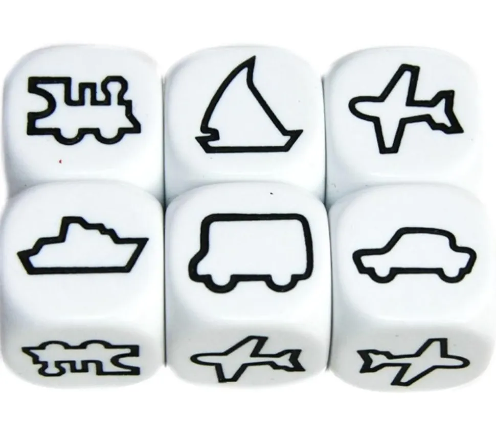 Dé Transport : train, bateau à voile, bateau moteur, avion, camion, voiture