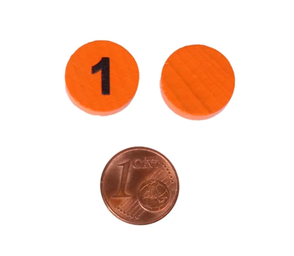 Jeton bois numéro 1 rond plat de 15 x 4 mm orange
