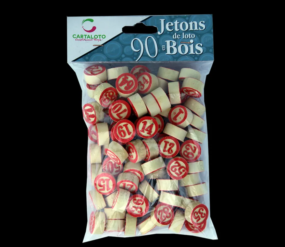 Jetons de loto en bois numérotés de 1 à 90 en rouge