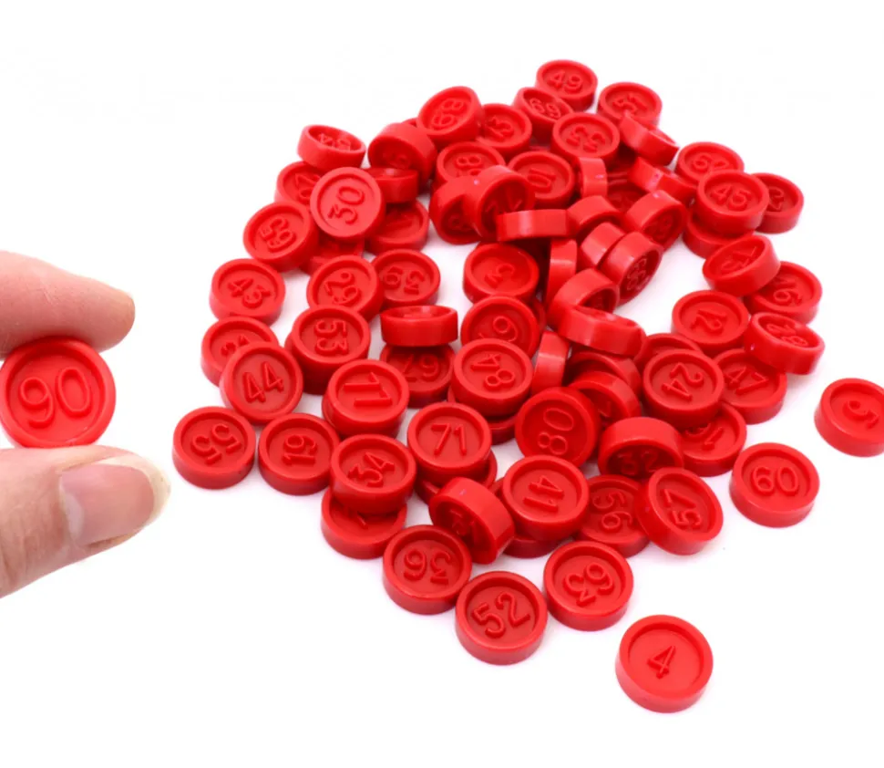 Jetons loto en plastique rouge numérotés de 1 à 90