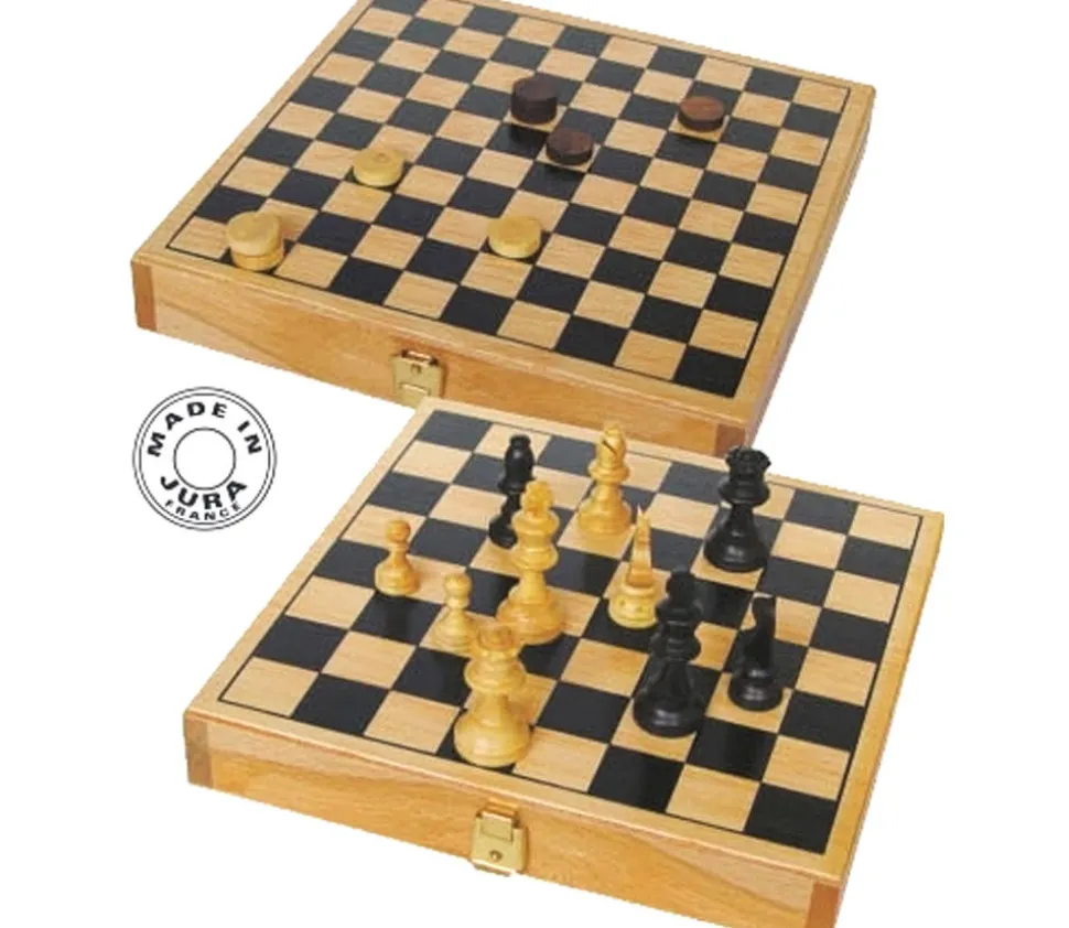 Mini coffret Dames et échecs jeu recto-verso 21 x 21 cm français