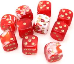 Mini Dé marbré rouge 12 mm points dorés