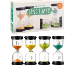 Pack 4 sabliers 1, 3, 5,10 minutes - 10 cm de haut - 4 cm de diamètre super lisible