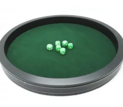 Piste de dés luxe verte et noire 40 cm tour imitation cuir avec 5 dés