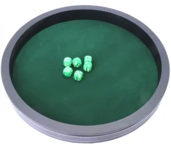 Piste dés 34 cm noire et verte tour tissu cuir avec 5 dés