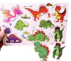 Puzzle en bois 6 à 7 pièces à encastrer dinosaures