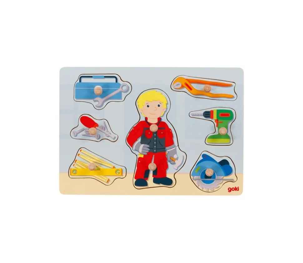 Puzzle en bois à boutons le bricoleur et ses outils à encastrer