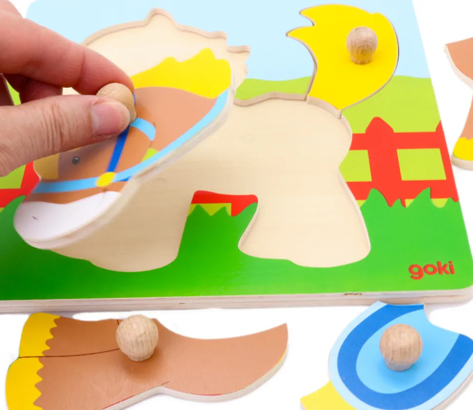 Puzzle en bois à encastrer - Poney avec 5 pièces à boutons