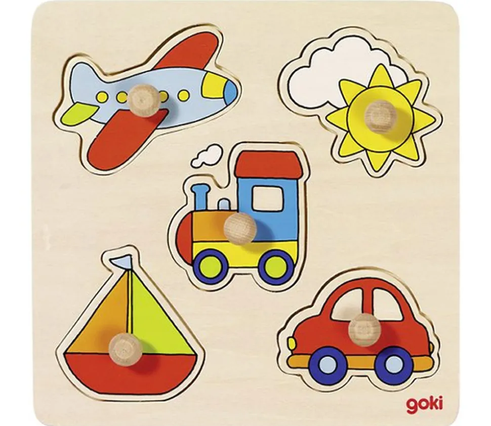 Puzzle en bois véhicules voyage - 5 pièces à boutons à encastrer
