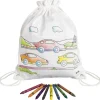 Sac à dos en coton dessin voitures à colorier 27,5 x 33,7 cm + crayons textiles
