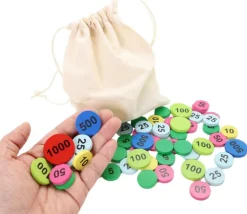 Sac 100 jetons bois de 5 à 1000 mise pour jeux belote/tarot