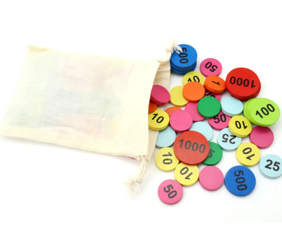 Sac 50 jetons bois numérotés de 10 à 1000 BELOTE TAROT