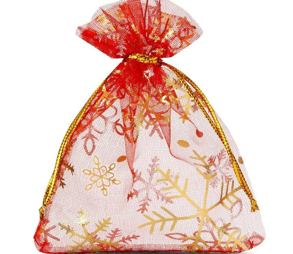 Sac organzine rouge et or 9 x 12 cm flocon