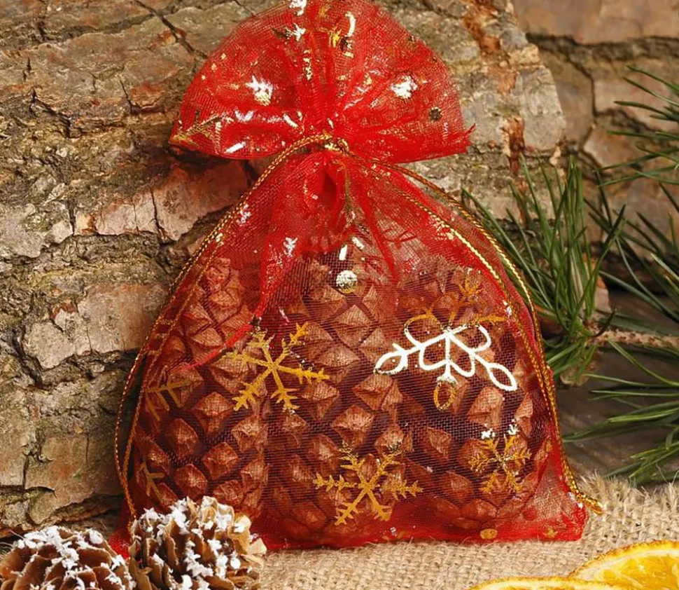 Sac organzine rouge et or 9 x 12 cm flocon