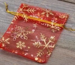 Sac organzine rouge et or 9 x 12 cm flocon