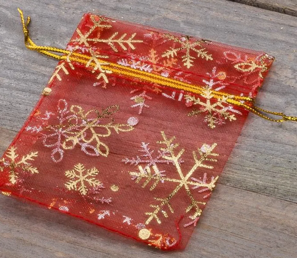 Sac organzine rouge et or 9 x 12 cm flocon