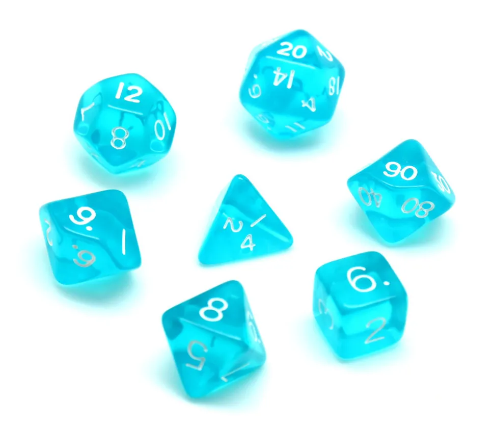 Set 7 dés aqua multifaces translucides turquoise