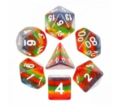 Set 7 dés multi-faces arc-en-ciel paillette translucide