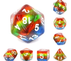 Set 7 dés multi-faces arc-en-ciel paillette translucide