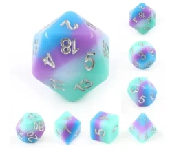 Set 7 dés multi-faces arc-en-ciel bleu violet vert